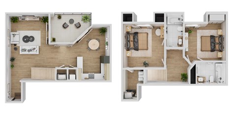 Floor plan for 2 beds, 2 baths, 986 sqft